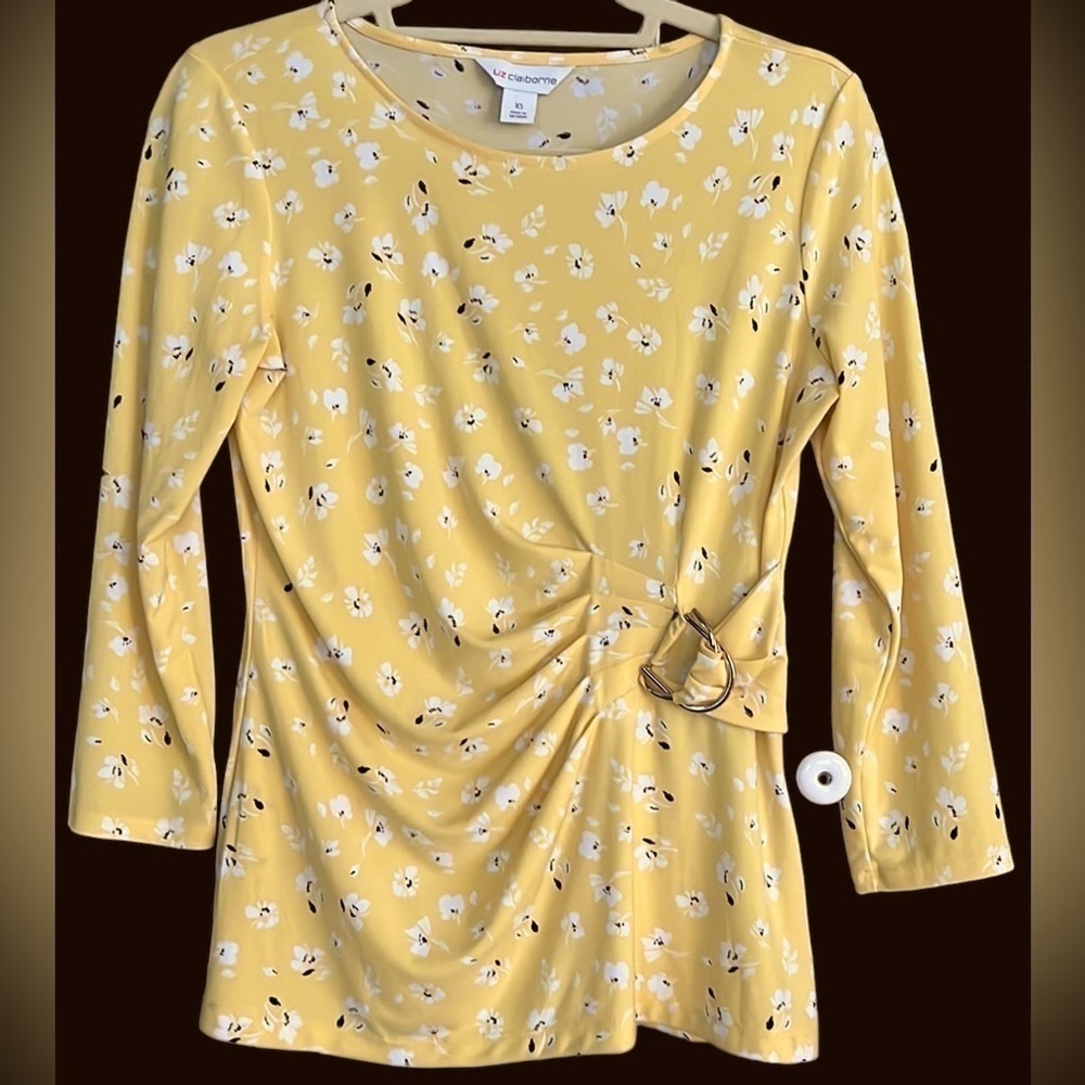 LIZ CLAIBORNE Yellow/Black/White Floral Pattern Top w/Side Buckle, Sz XS, GUC.